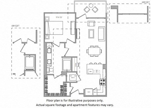 Floor plan for 1 bed, 1 bath, 743 sqft